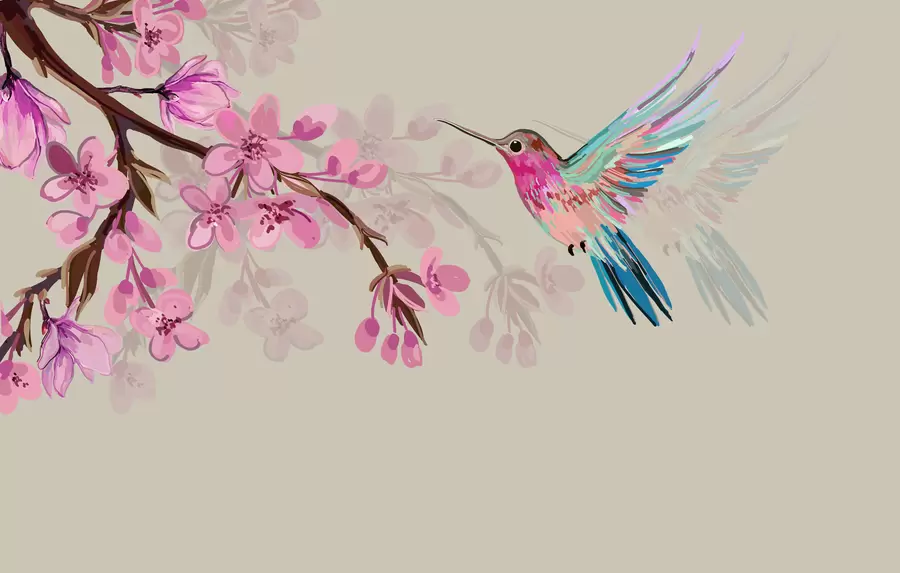 Papier peint branche avec des fleurs roses et un oiseau brillant sur fond rose w00693v1