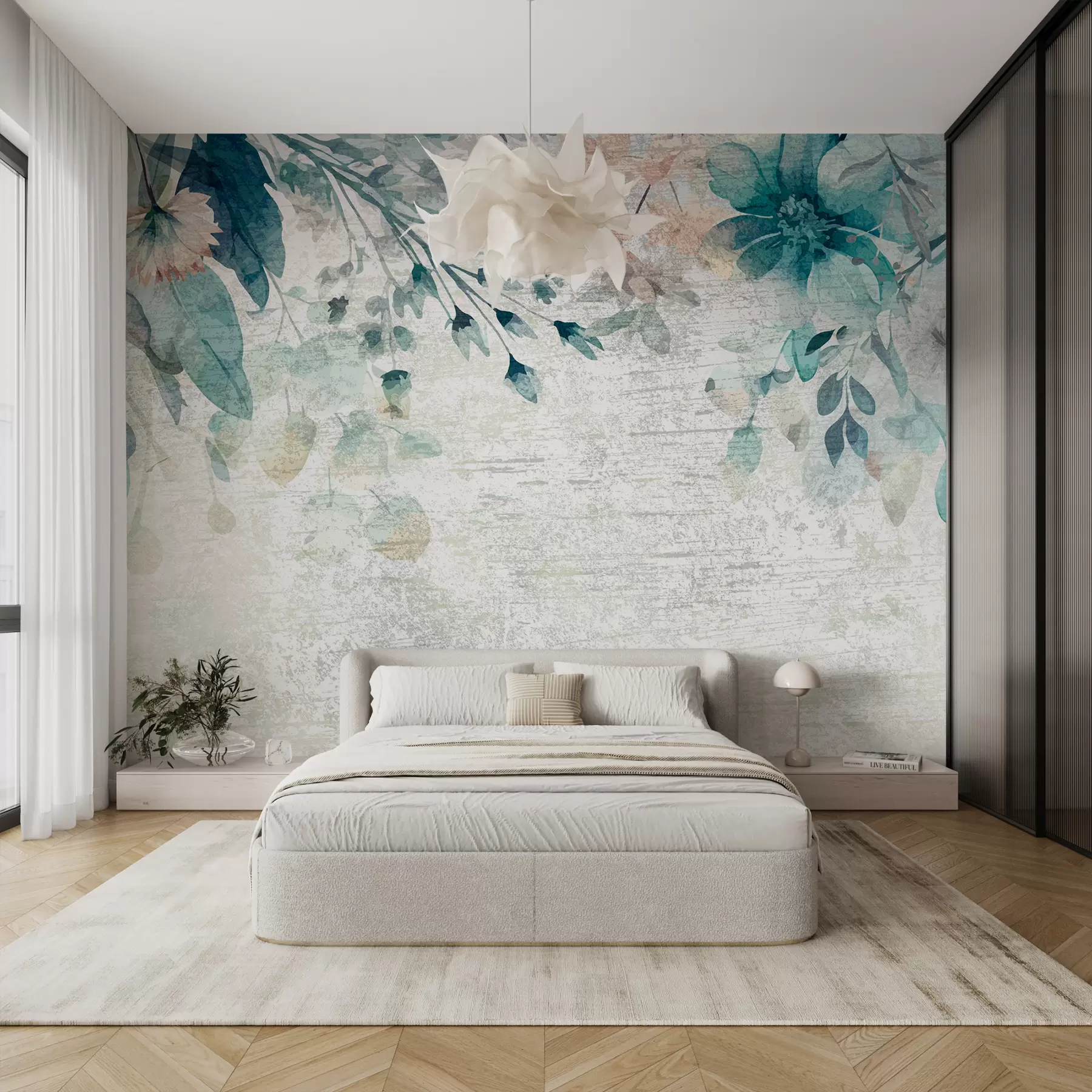 Papier peint Grandes fleurs, feuilles et branches bleues et blanches contre un mur texturé w00697