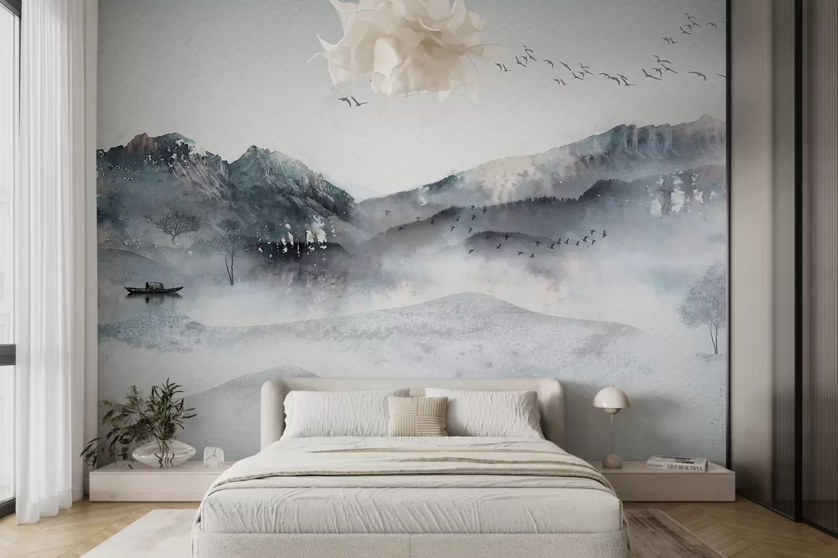 Papier peint Paysage avec des montagnes en arrière-plan, avec quelques arbres visibles au premier plan serein  w00707