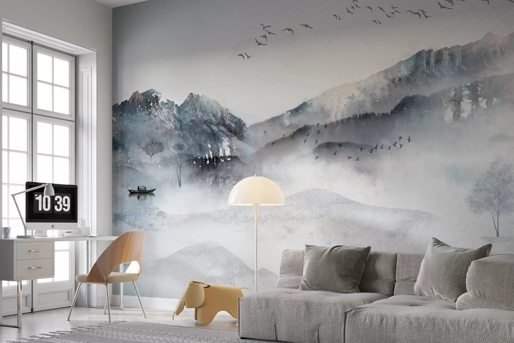 Papier peint Paysage avec des montagnes en arrière-plan, avec quelques arbres visibles au premier plan serein  w00707