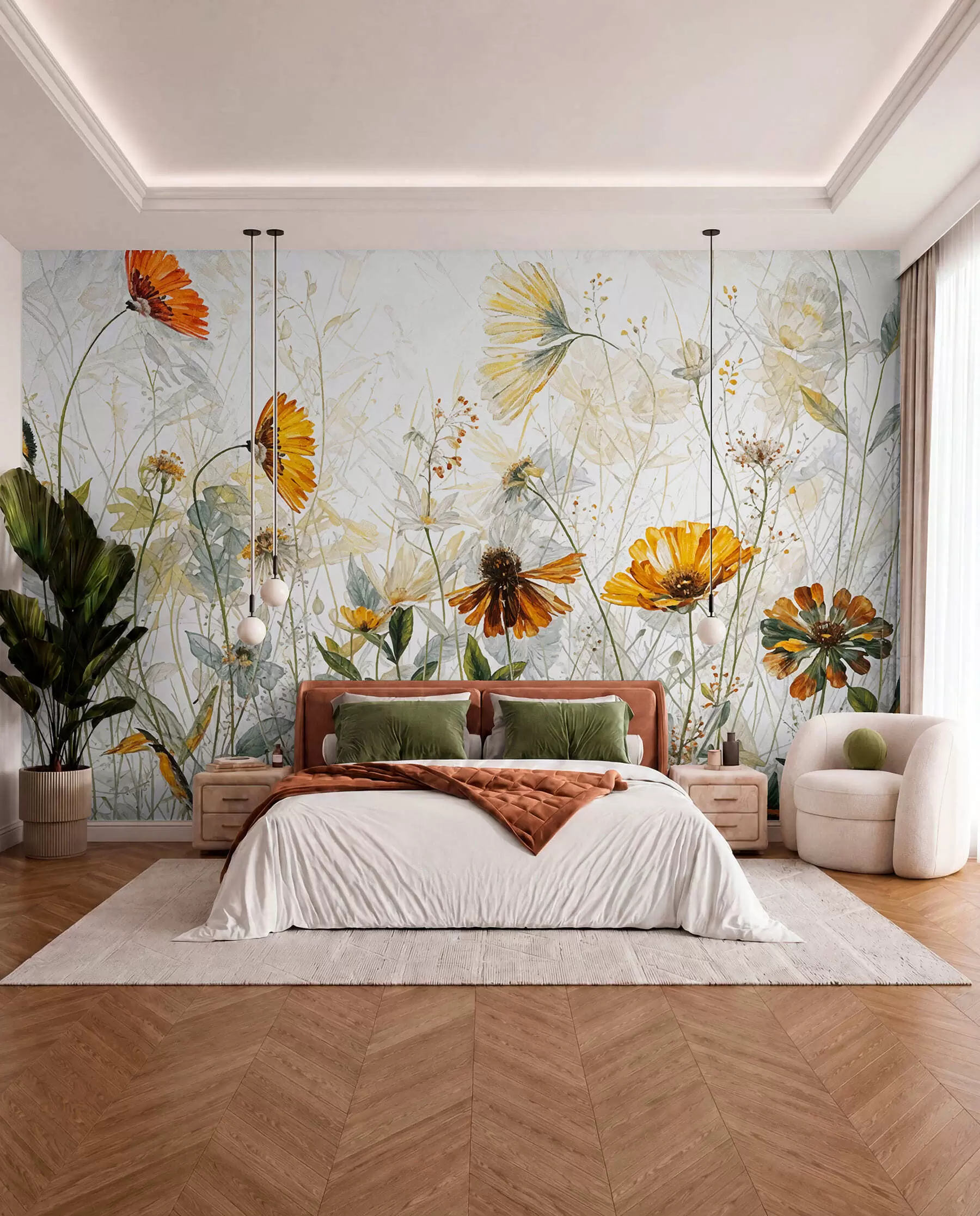 Papier peint Un champ de fleurs éclatantes sur un fond doux et brumeux avec de délicates fleurs blanches et de l'herbe vaporeuse w00708