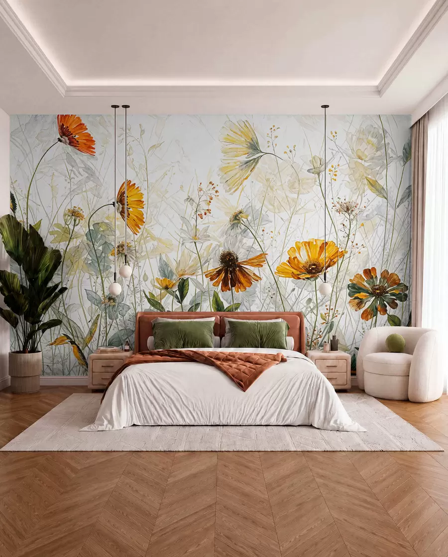 Papier peint Un champ de fleurs éclatantes sur un fond doux et brumeux avec de délicates fleurs blanches et de l'herbe vaporeuse w00708