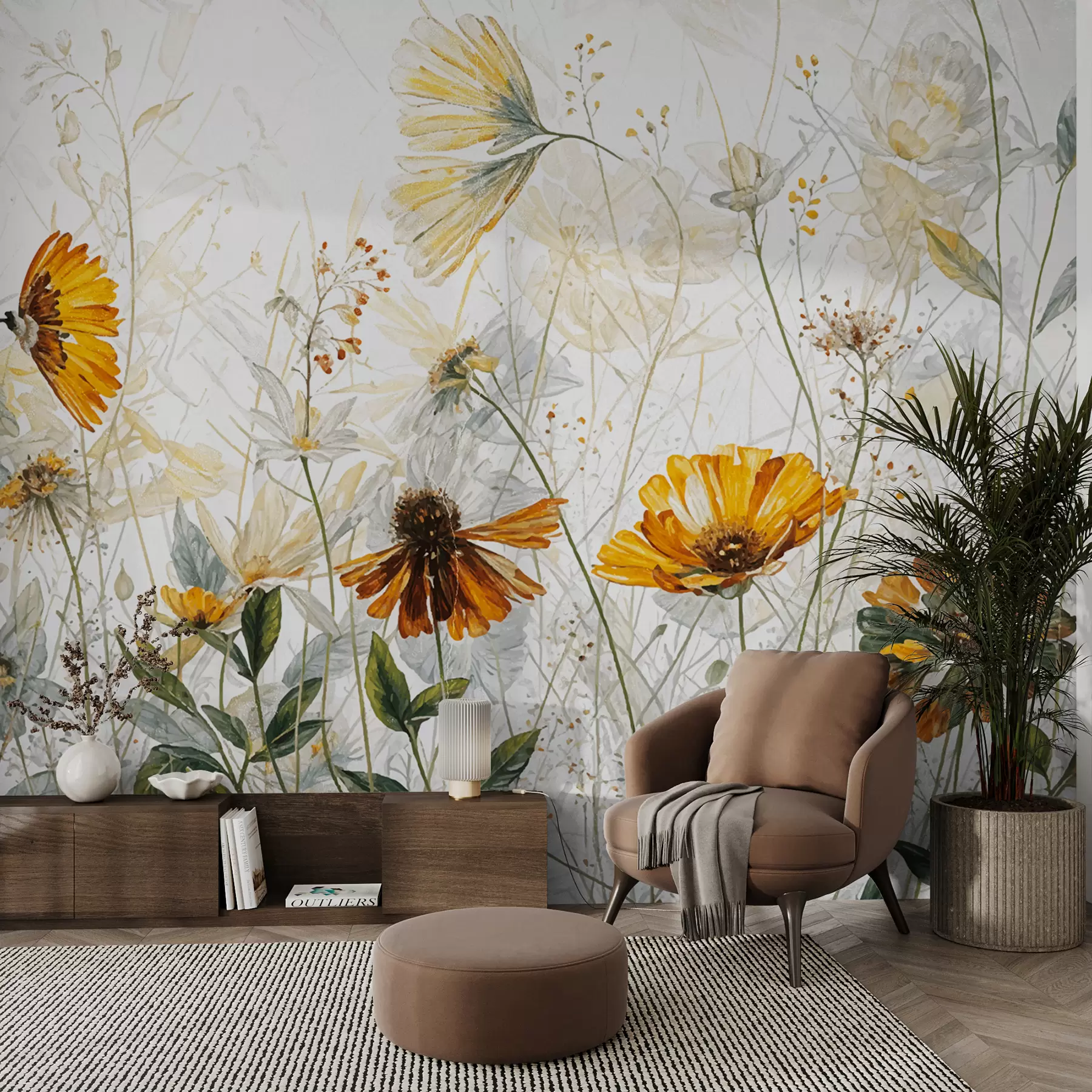 Papier peint Un champ de fleurs éclatantes sur un fond doux et brumeux avec de délicates fleurs blanches et de l'herbe vaporeuse w00708