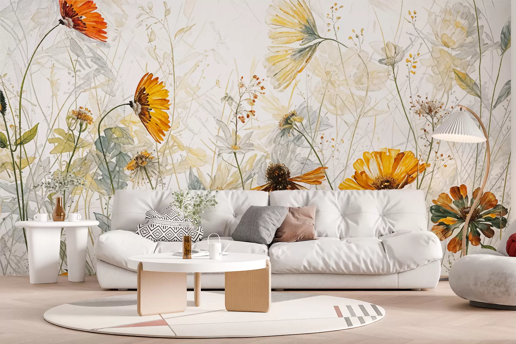 Papier peint Un champ de fleurs éclatantes sur un fond doux et brumeux avec de délicates fleurs blanches et de l'herbe vaporeuse w00708