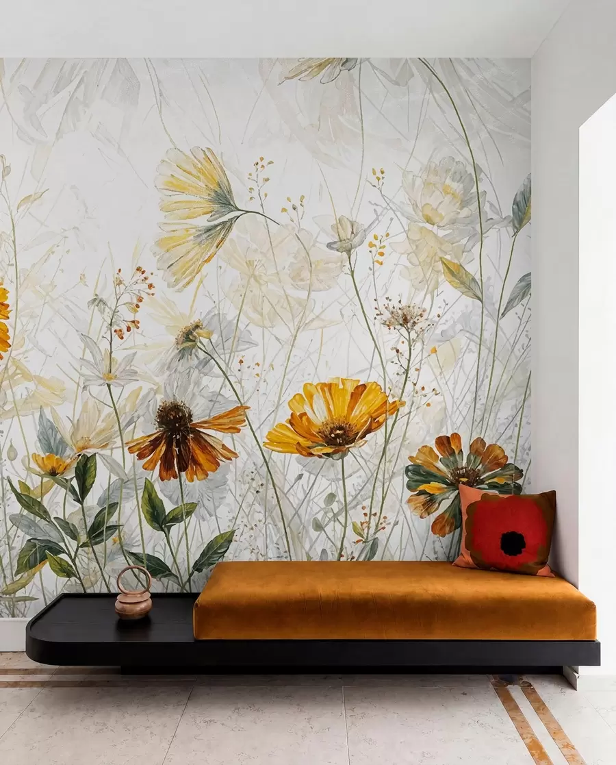 Papier peint Un champ de fleurs éclatantes sur un fond doux et brumeux avec de délicates fleurs blanches et de l'herbe vaporeuse w00708