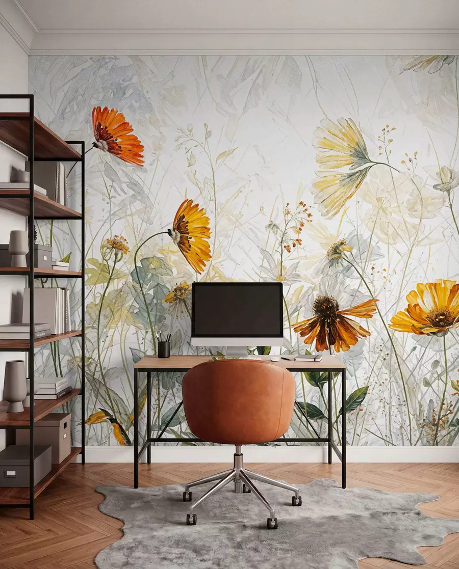 Papier peint Un champ de fleurs éclatantes sur un fond doux et brumeux avec de délicates fleurs blanches et de l'herbe vaporeuse w00708