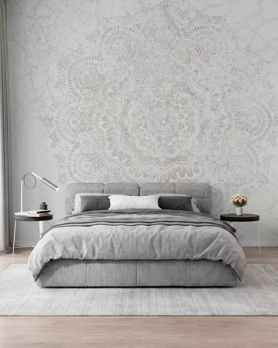 Papier peint Mandala, motif de dentelle blanche avec des motifs floraux et circulaires, créant un design délicat et complexe w00737