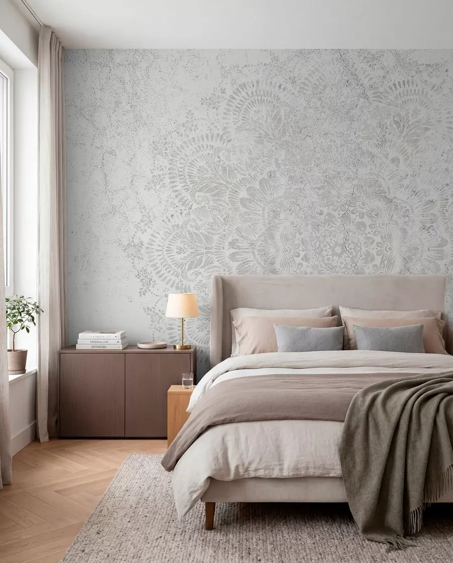 Papier peint Mandala, motif de dentelle blanche avec des motifs floraux et circulaires, créant un design délicat et complexe w00737