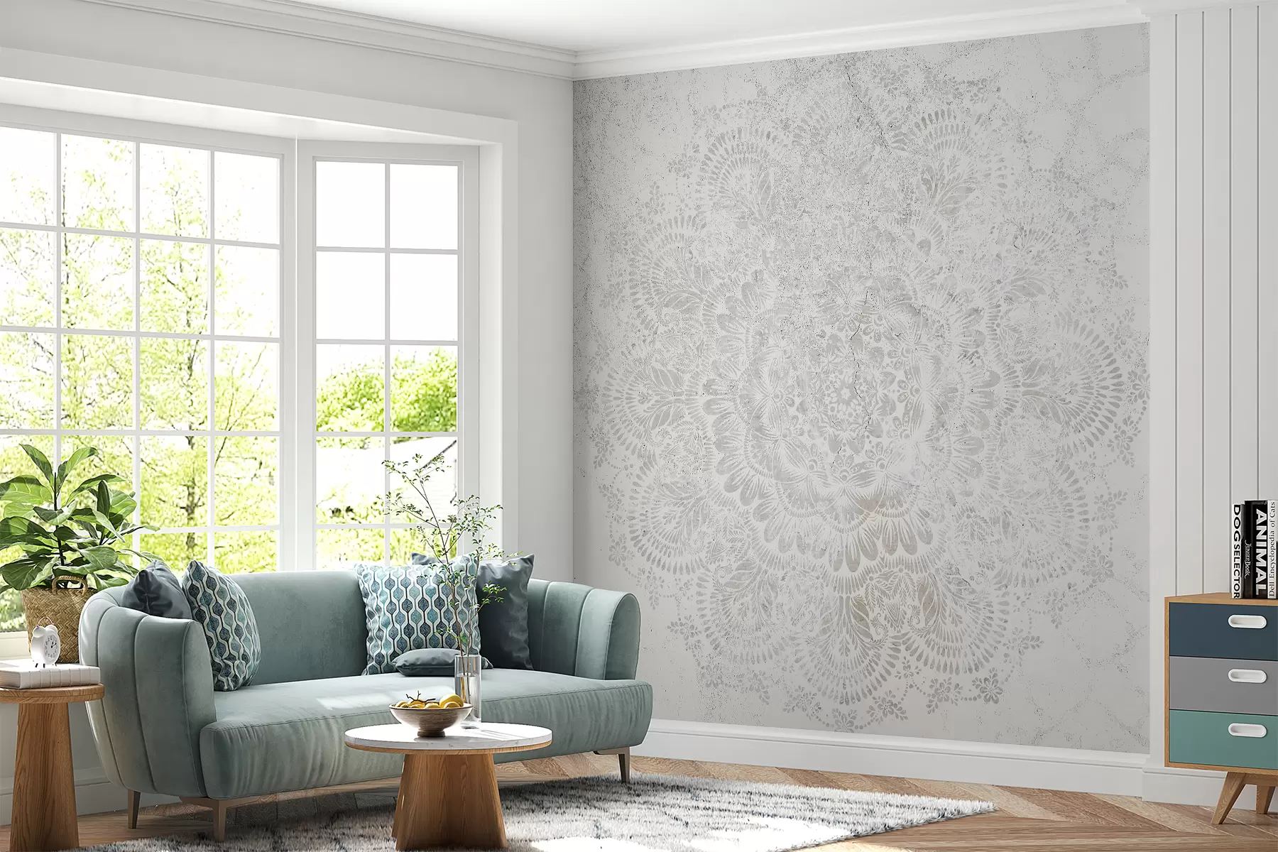 Papier peint Mandala, motif de dentelle blanche avec des motifs floraux et circulaires, créant un design délicat et complexe w00737