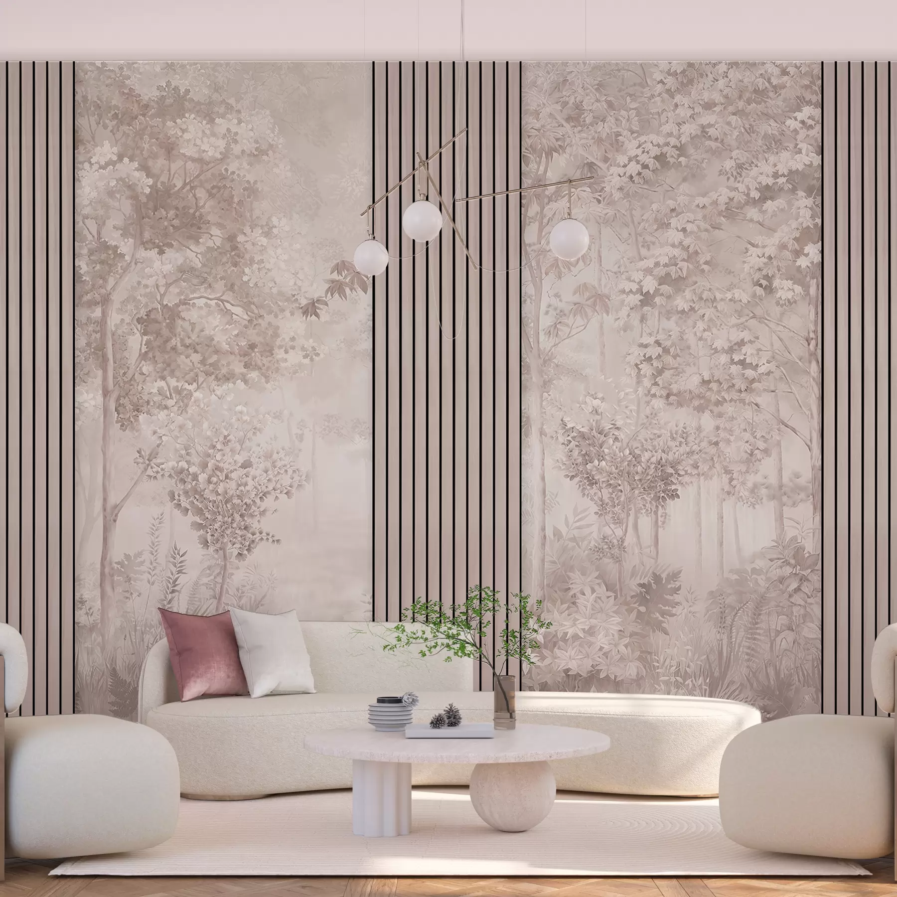 Papier peint Panneaux de bois et forêt délicate dans les tons roses w00670v1