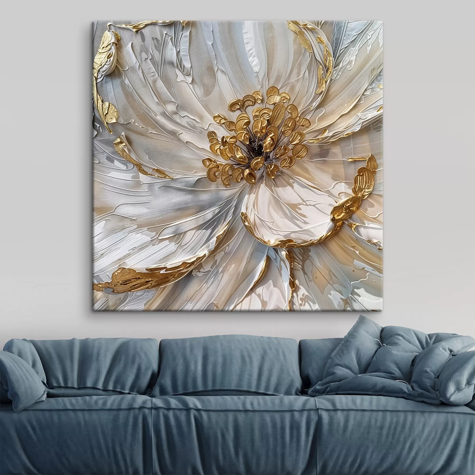 Tableau Gros plan d'une grande fleur blanche avec des étamines jaunes au centre, décoration artistique peinte à l'huile s38755