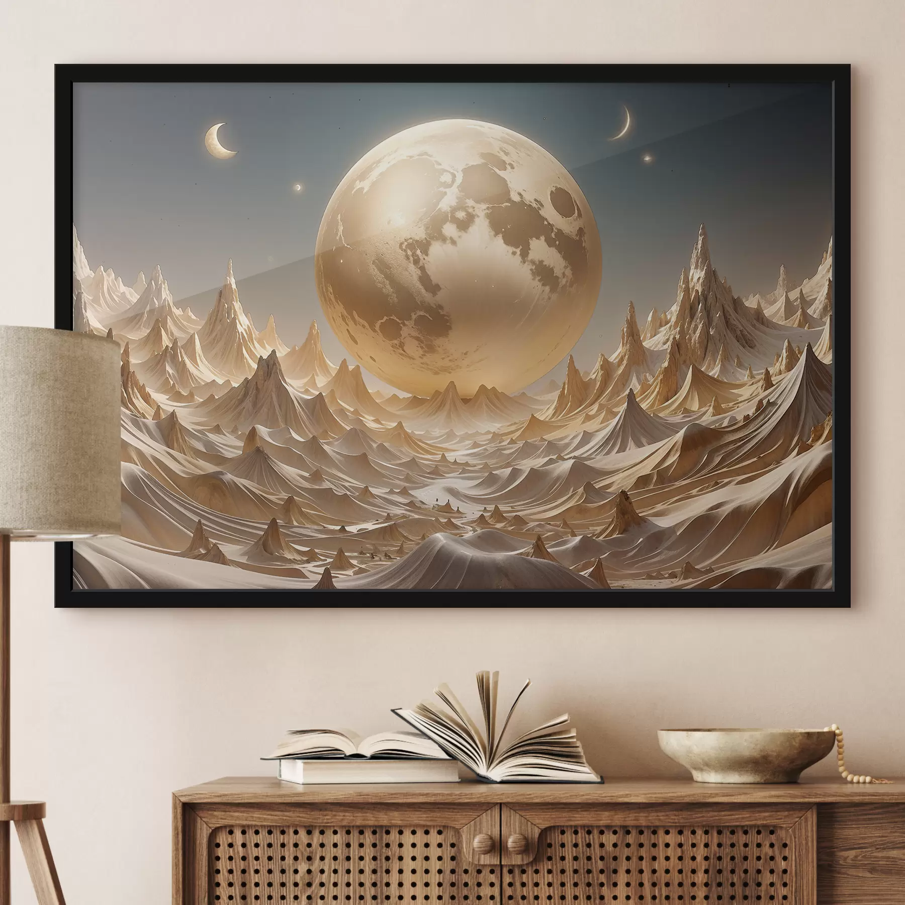 Papier peint Pleine lune et brillante sur un paysage montagneux surréaliste avec des sommets f38775
