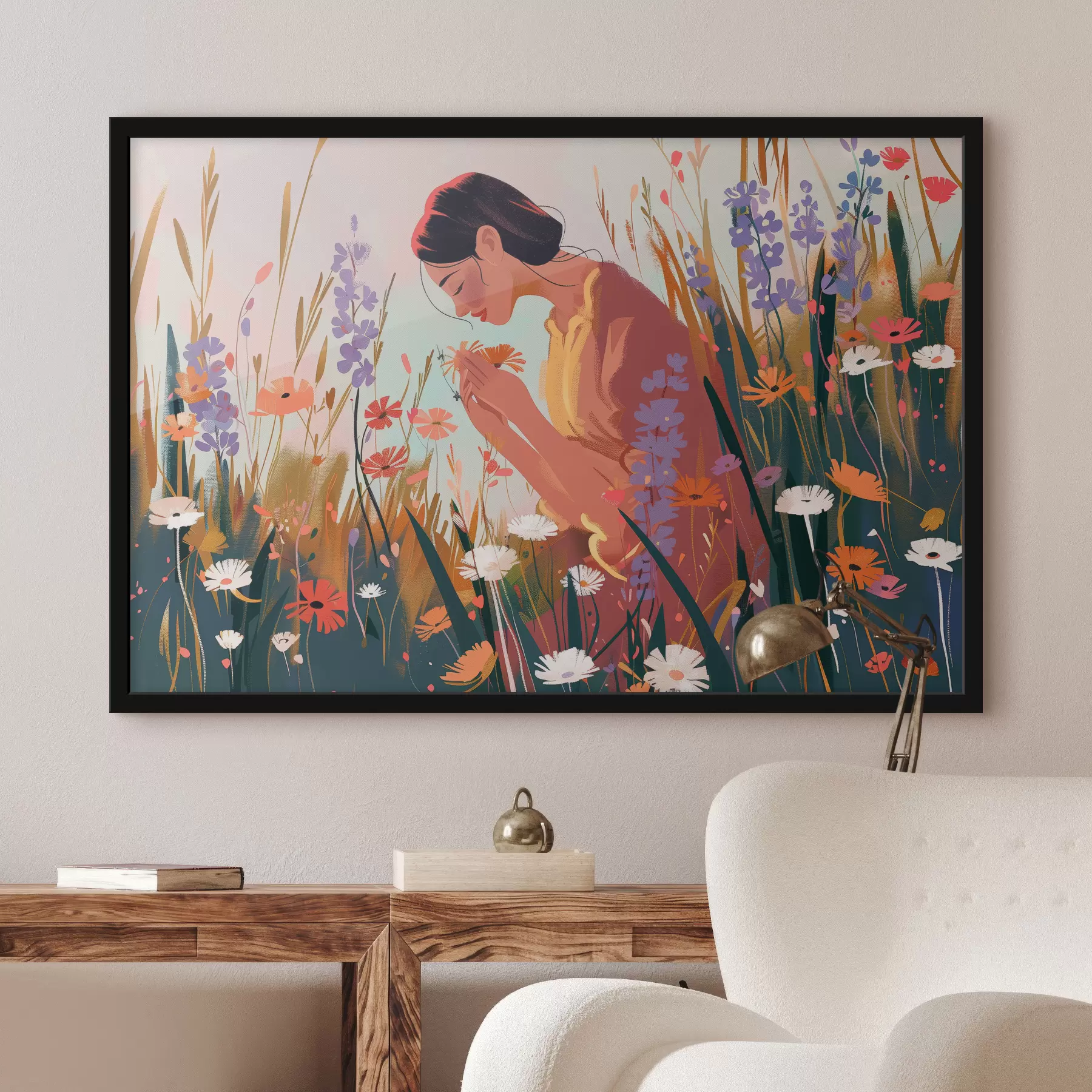 Papier peint Une fille dans un champ de fleurs f38801