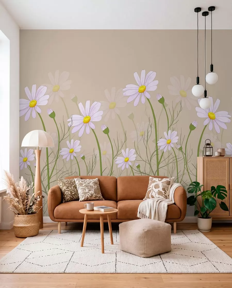 Papier peint grandes marguerites sur fond beige w00802