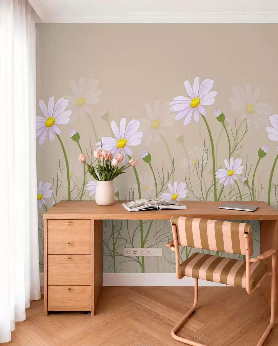 Papier peint grandes marguerites sur fond beige w00802
