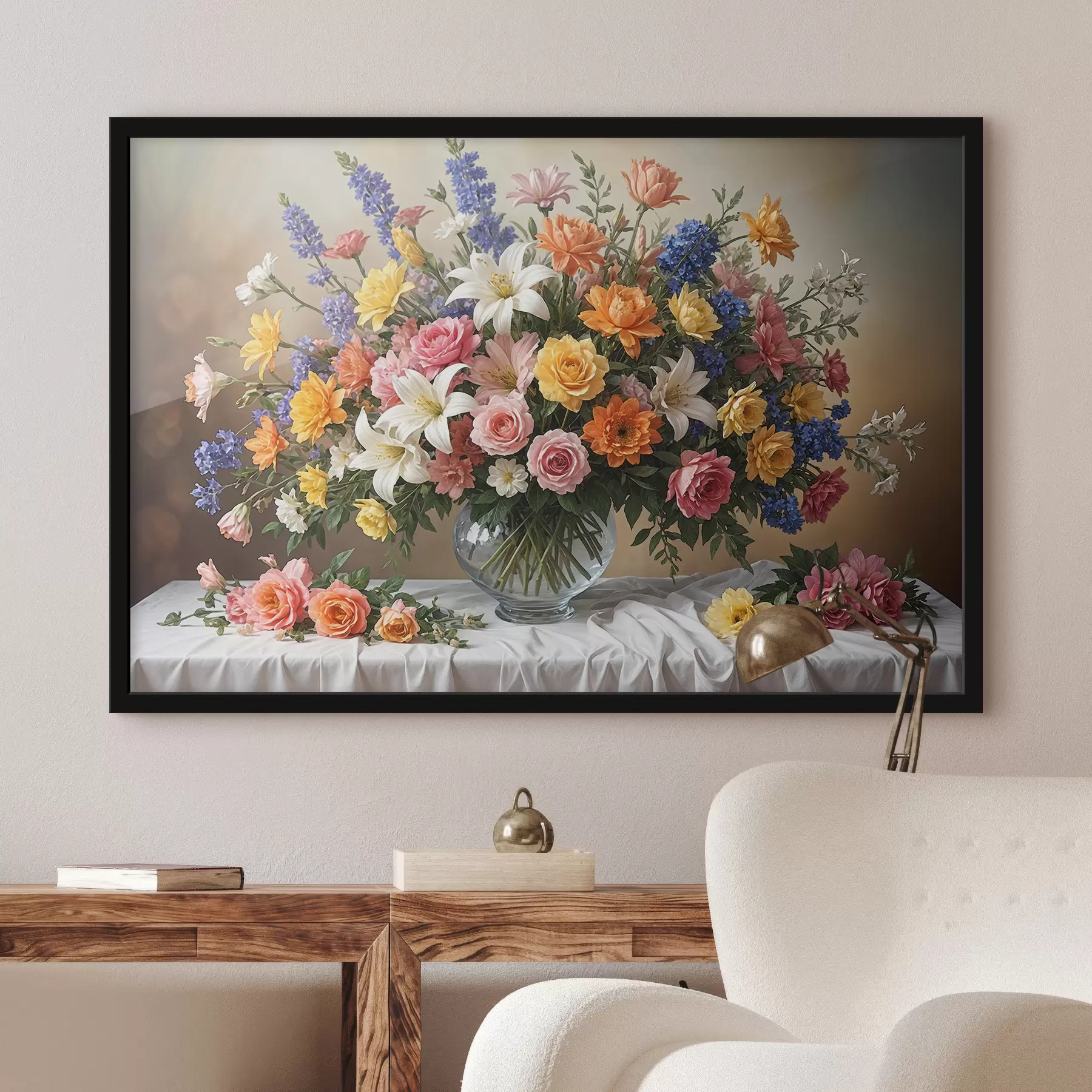 Papier peint Un bouquet vibrant de diverses fleurs colorées dans un vase en verre sur une nappe blanche, peinture d'art vintage f38825