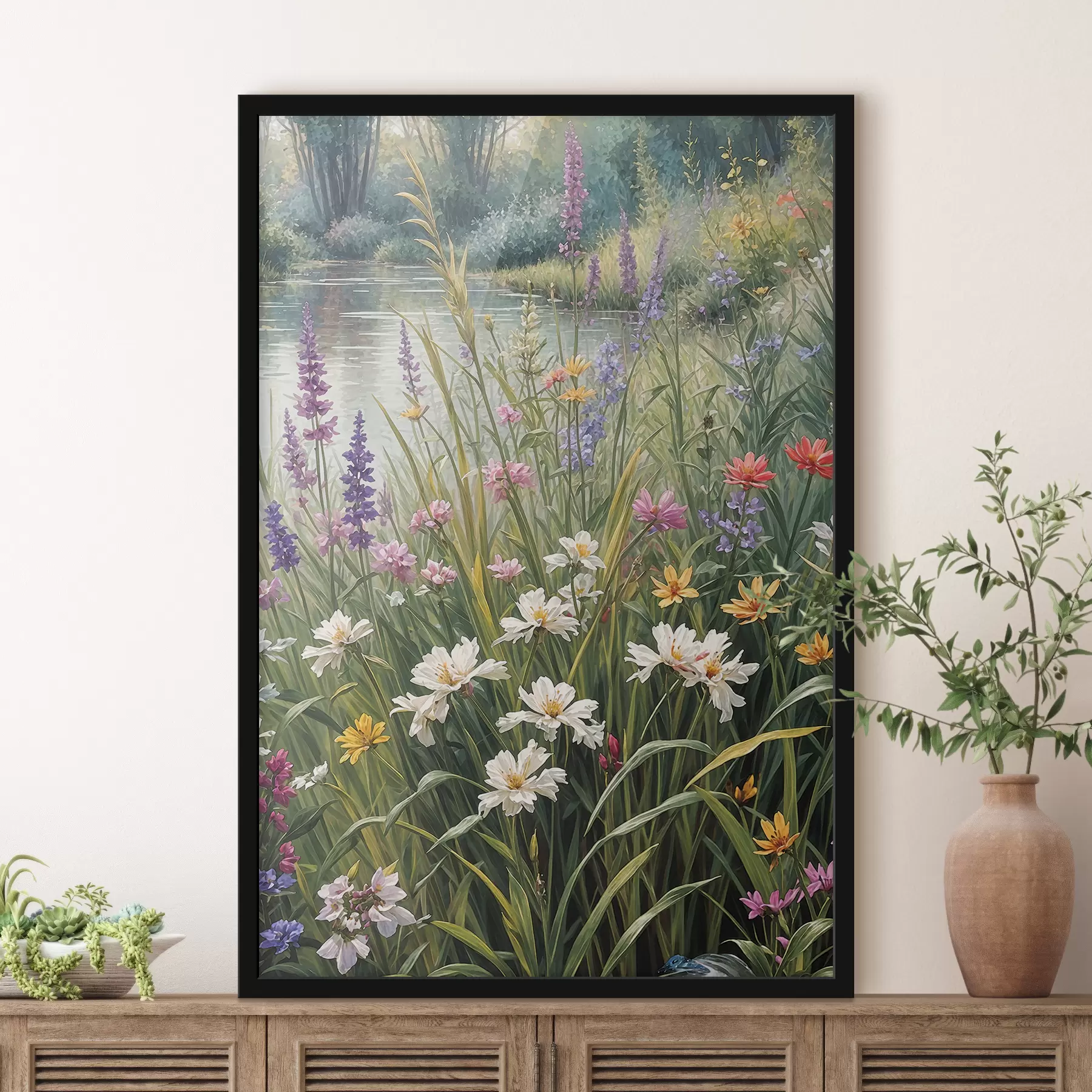 Tableau Fleurs sauvages et herbes hautes. La scène globale représente un paysage naturel vibrant f38829