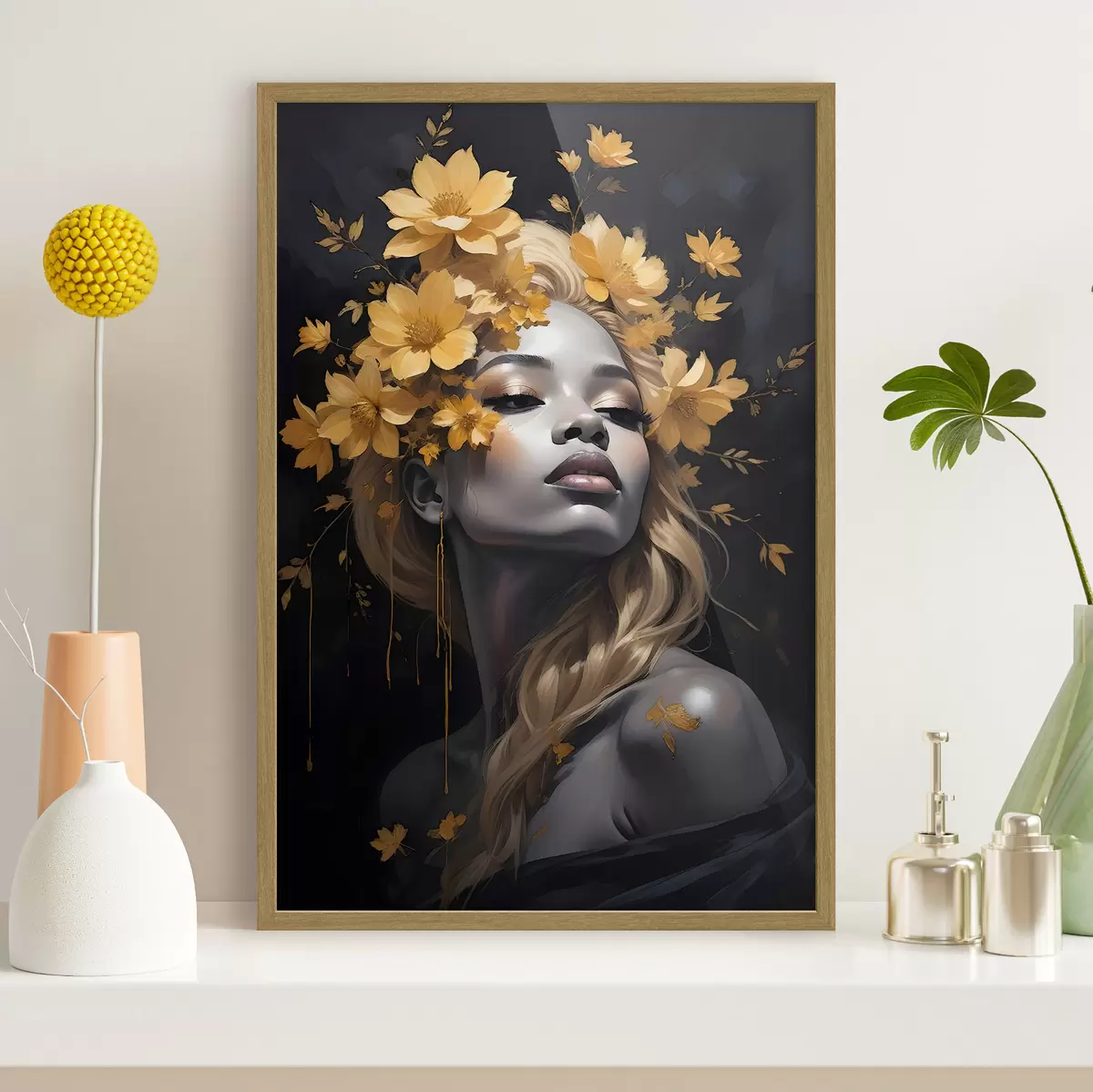 Poster Portrait d'une jeune femme entourée de feuilles jaunes d'automne sur fond sombre f38834