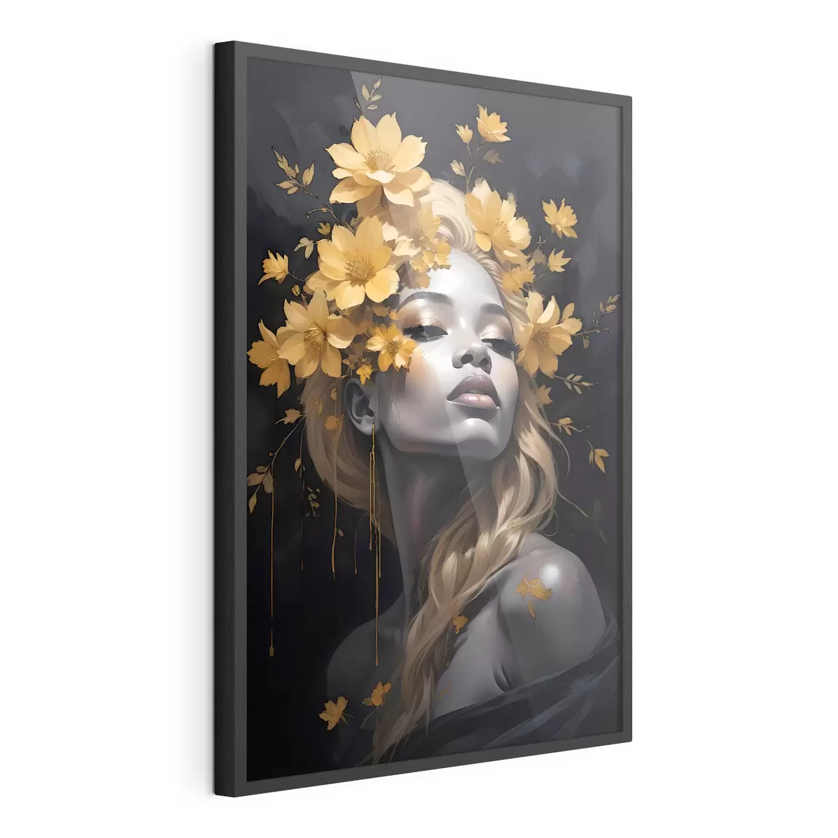 Poster Portrait d'une jeune femme entourée de feuilles jaunes d'automne sur fond sombre f38834