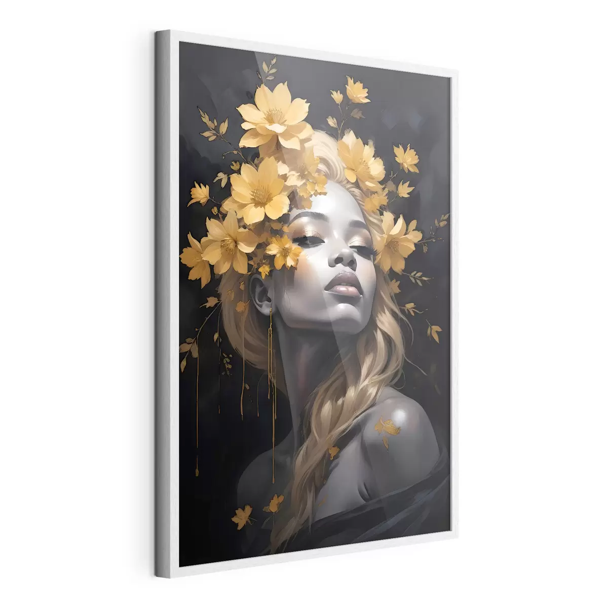 Poster Portrait d'une jeune femme entourée de feuilles jaunes d'automne sur fond sombre f38834