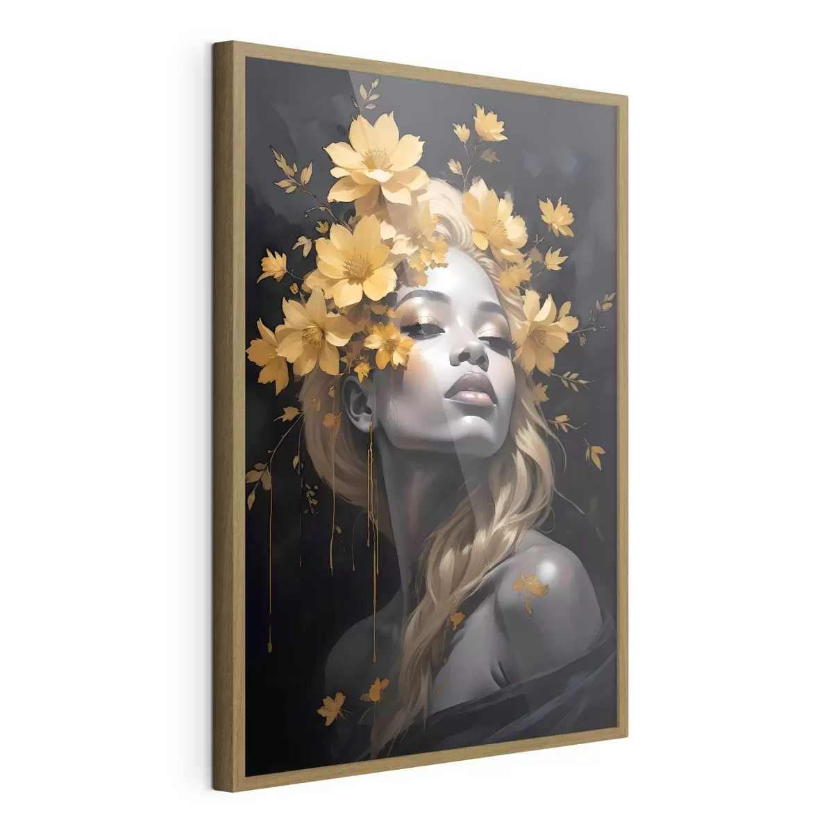 Poster Portrait d'une jeune femme entourée de feuilles jaunes d'automne sur fond sombre f38834