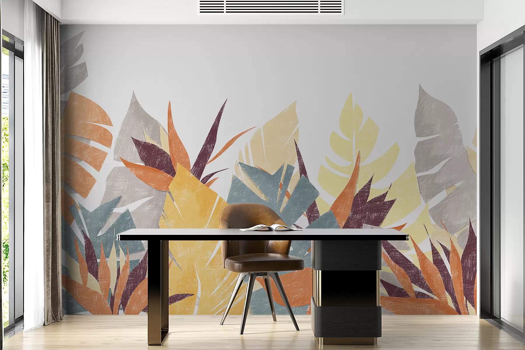 Papier peint Feuilles de palmier, tropiques, crayon d'imitation de silhouette végétale, fleur, bleu, jaune, orange, gris, violet, couleur w00790v1