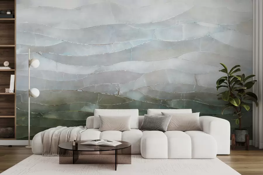 Papier peint Paysage dégradé abstrait texturé et vallonné avec des champs verts vallonnés à travers le brouillard w00795