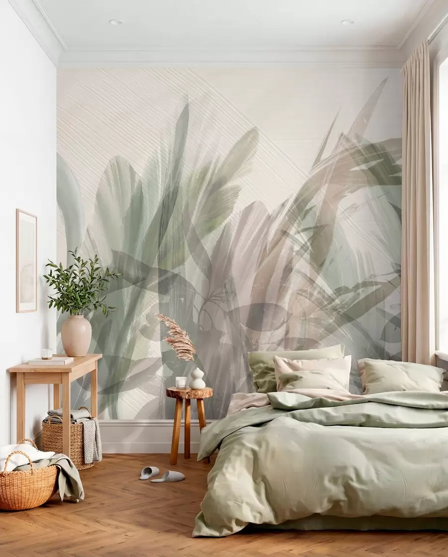 Papier peint Multicomposition abstraite de formes de feuilles tropicales floues ressemblant à de l'herbe dans des tons de vert clair et de gris w00798