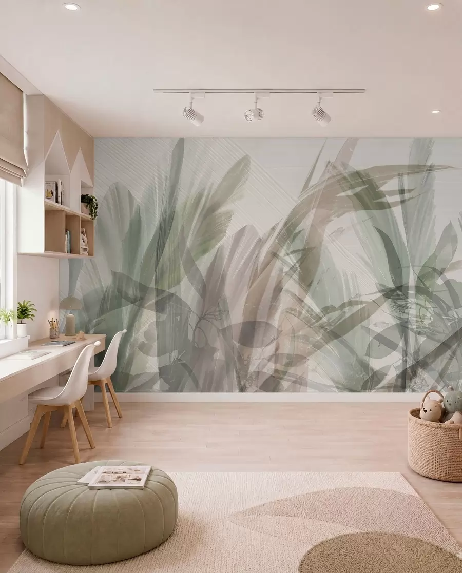 Papier peint Multicomposition abstraite de formes de feuilles tropicales floues ressemblant à de l'herbe dans des tons de vert clair et de gris w00798