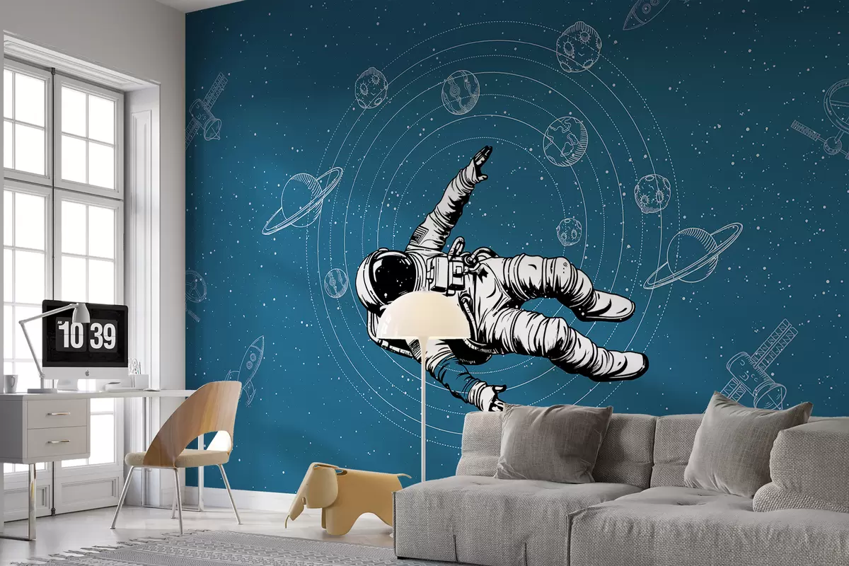 Papier peint Astronaute et planètes sur fond bleu w00712v3