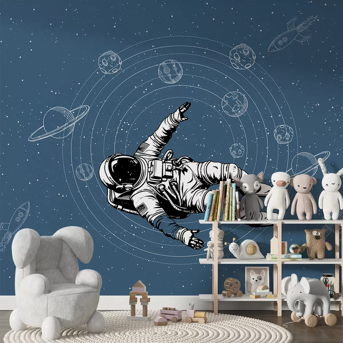Papier peint Astronaute et planètes sur fond bleu w00712v3