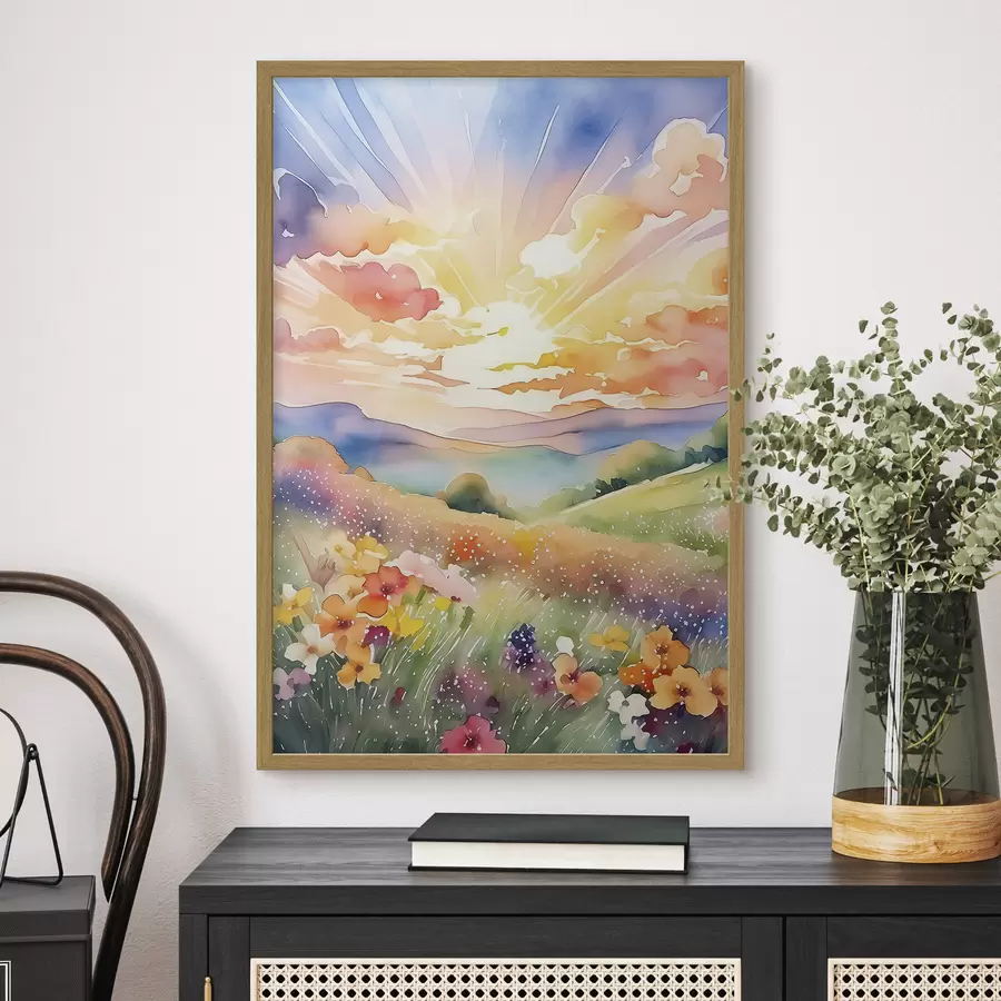 Papier peint Coucher de soleil dans le champ d'été, fleurs, soleil, ciel coloré, nuages, nature f38842