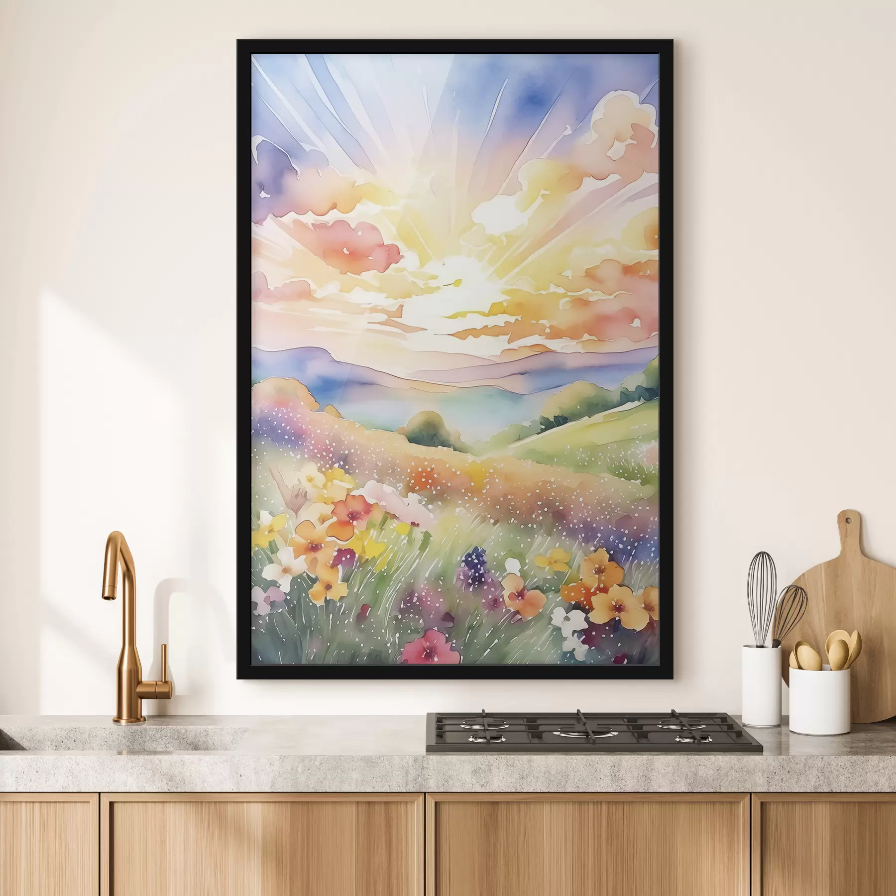 Papier peint Coucher de soleil dans le champ d'été, fleurs, soleil, ciel coloré, nuages, nature f38842