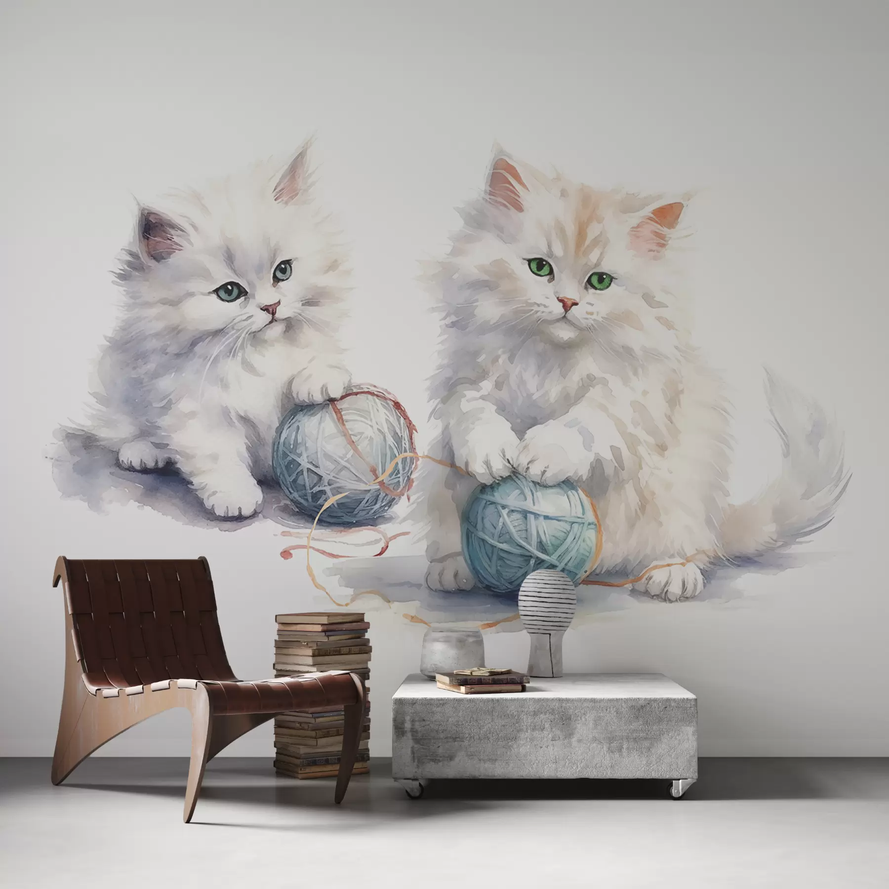 Papier peint Chats blancs moelleux avec une pelote de fil bleue, aquarelle w00843