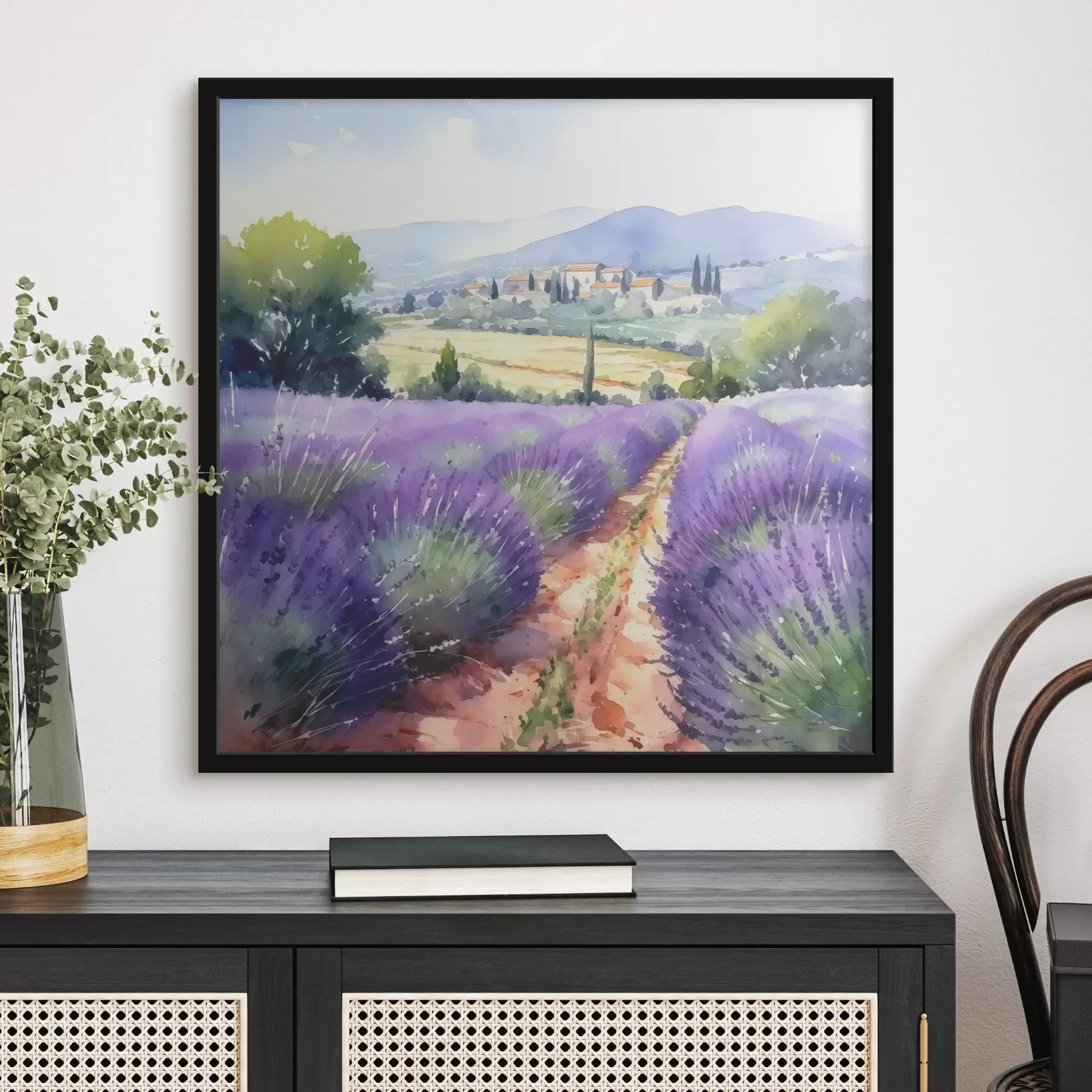 Tableau Aquarelle d'un champ de lavande sur fond de montagnes et de campagne f38913
