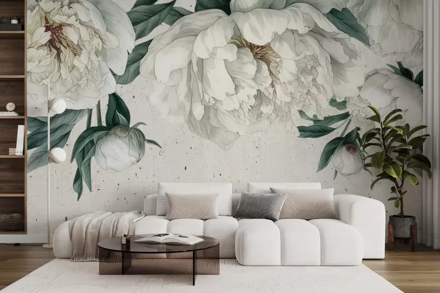 Papier peint Grandes pivoines blanches avec des feuilles vertes sur un fond légèrement texturé w00837