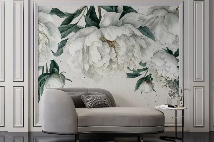 Papier peint Grandes pivoines blanches avec des feuilles vertes sur un fond légèrement texturé w00837