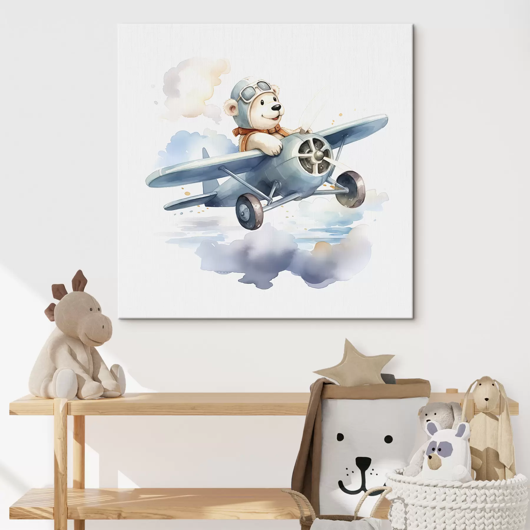 Tableau Ourson blanc dans des lunettes vole sur une illustration aquarelle d'avion pour enfants s38935