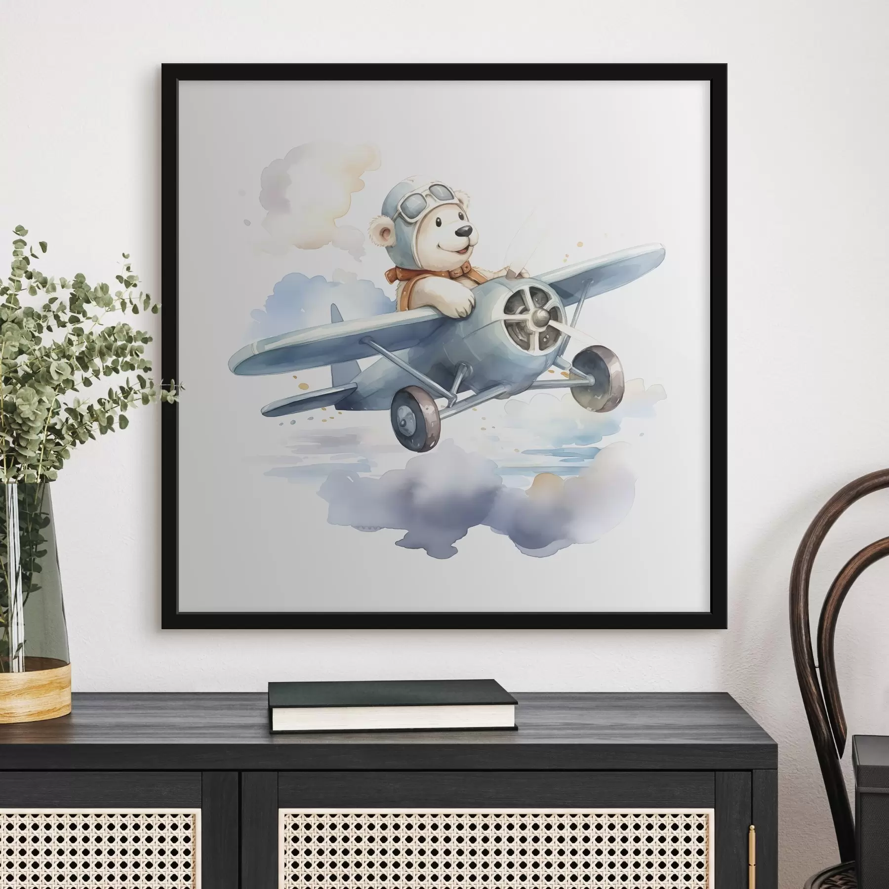 Papier peint Un ourson blanc avec des lunettes vole dans un avion illustration aquarelle pour enfants f38935