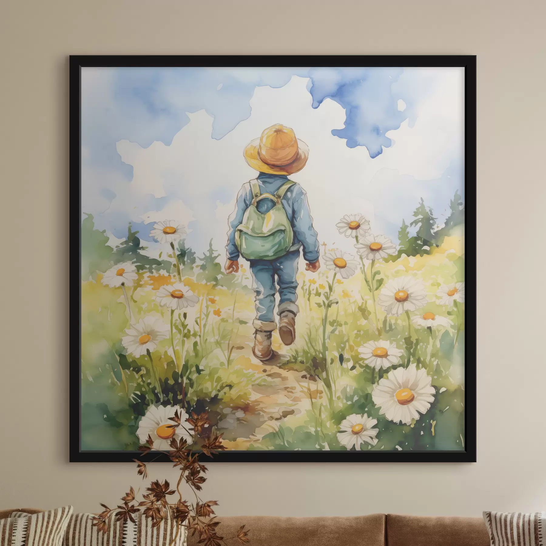 Papier peint Un garçon dans un chapeau de cowboy avec un sac à dos vert derrière le dos et un costume bleu marche le long d'un chemin dans un champ de camomille, aquarelle f38946