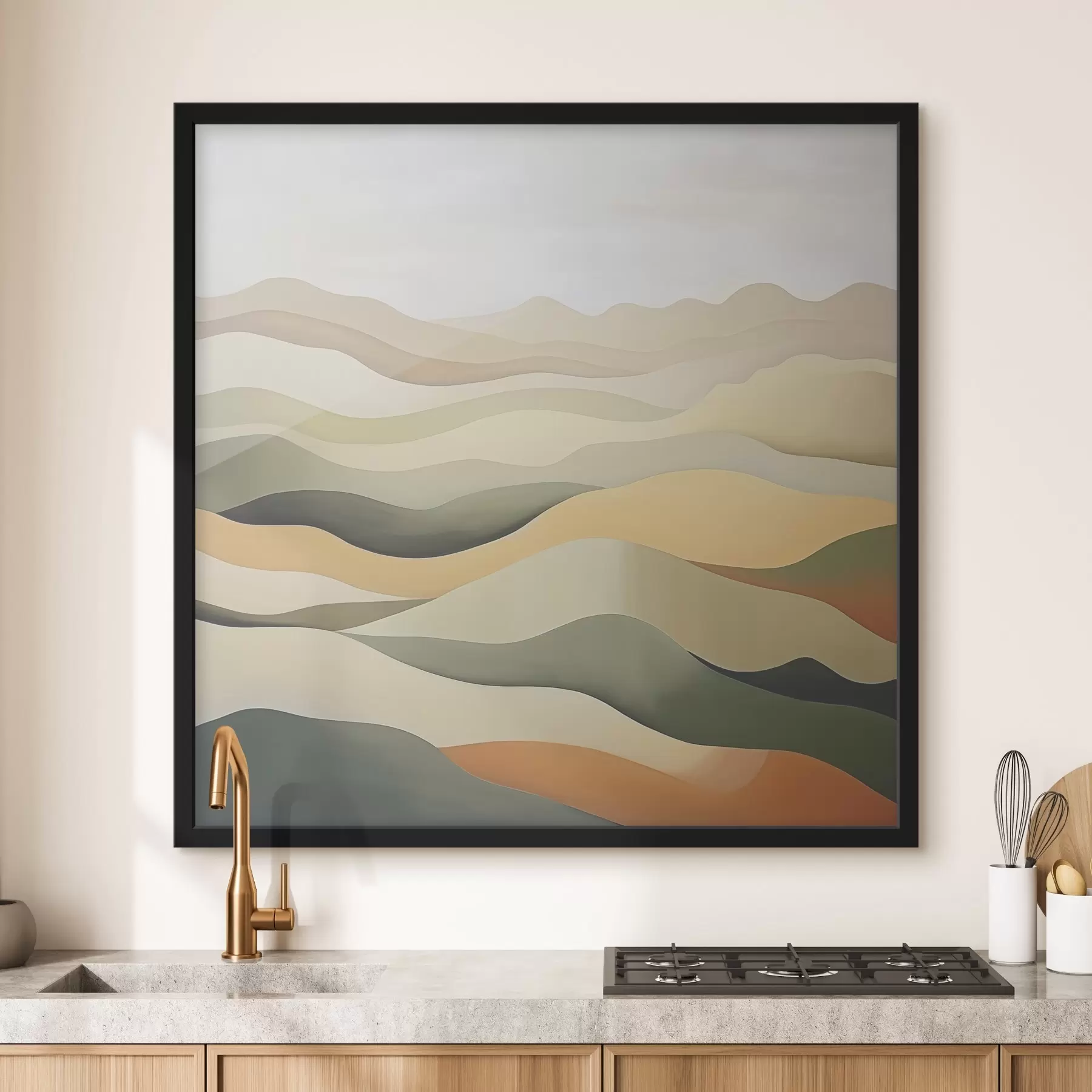 Papier peint Collines, paysage abstrait, gouache, vert, ocre, sépia, gris f38952