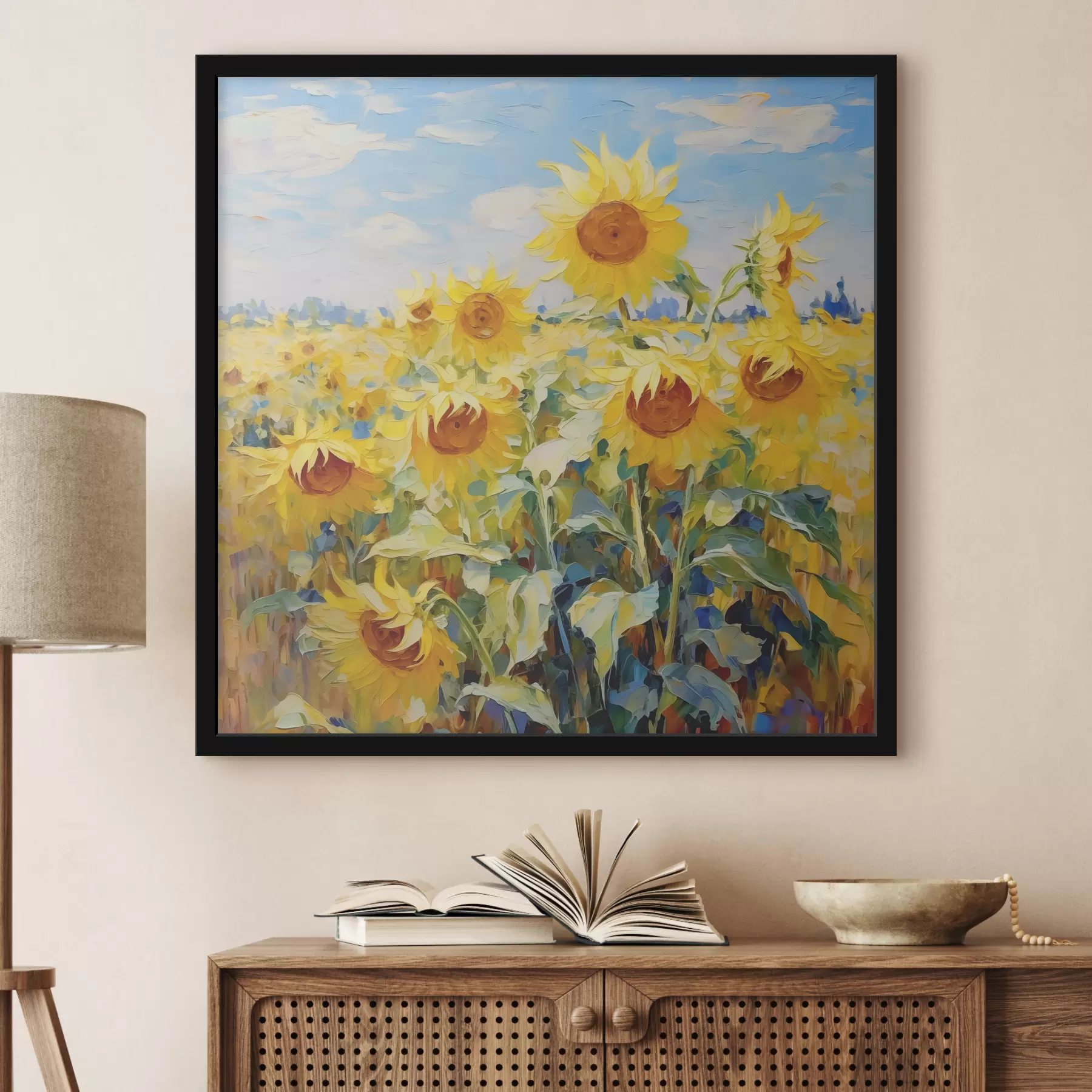Papier peint Peinture à l'huile d'un champ de tournesols, jaune et bleu f38953