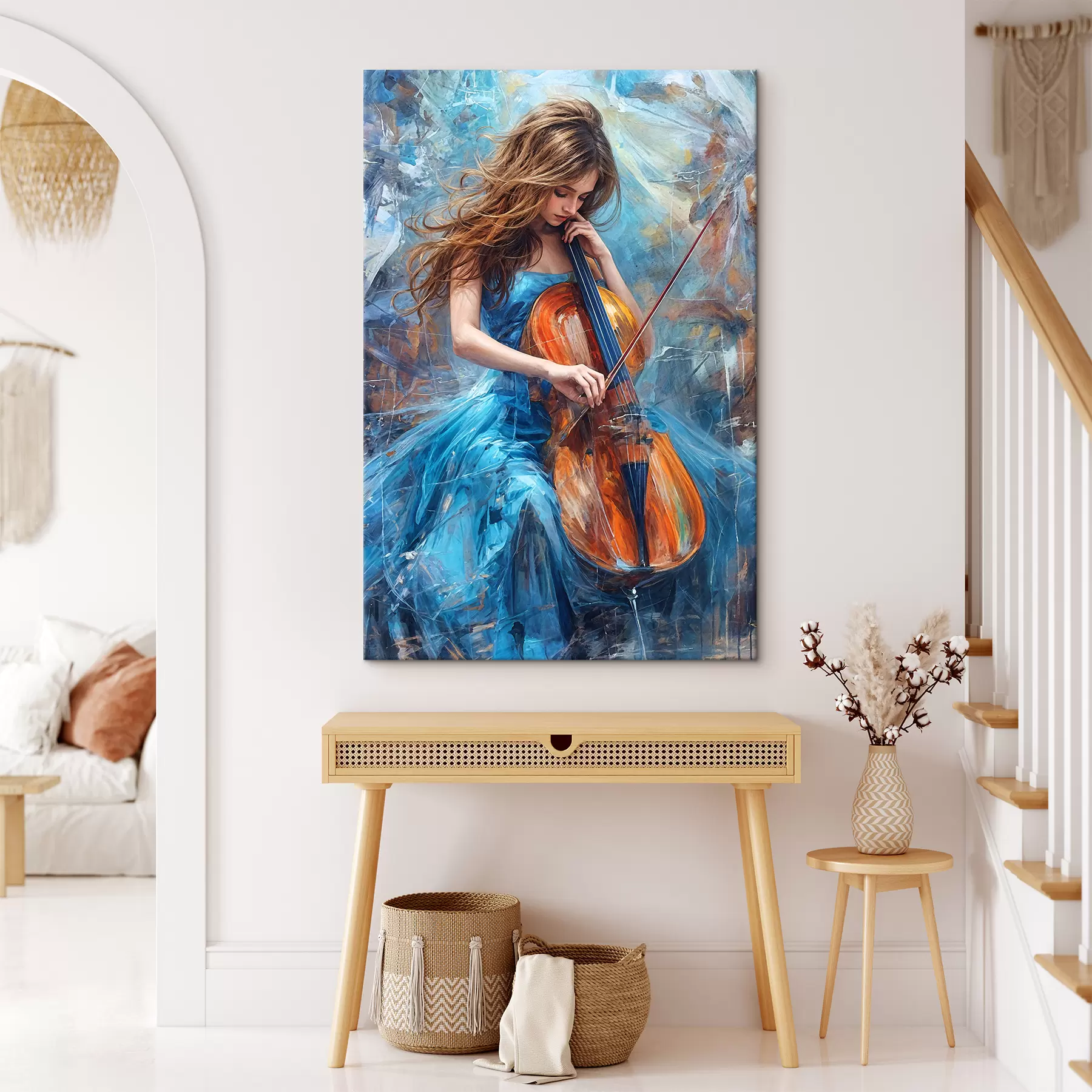 Papier peint Art de peinture à l'huile de jeune femme aux longs cheveux rouges fluides jouant du violoncelle sur fond abstrait  s38956