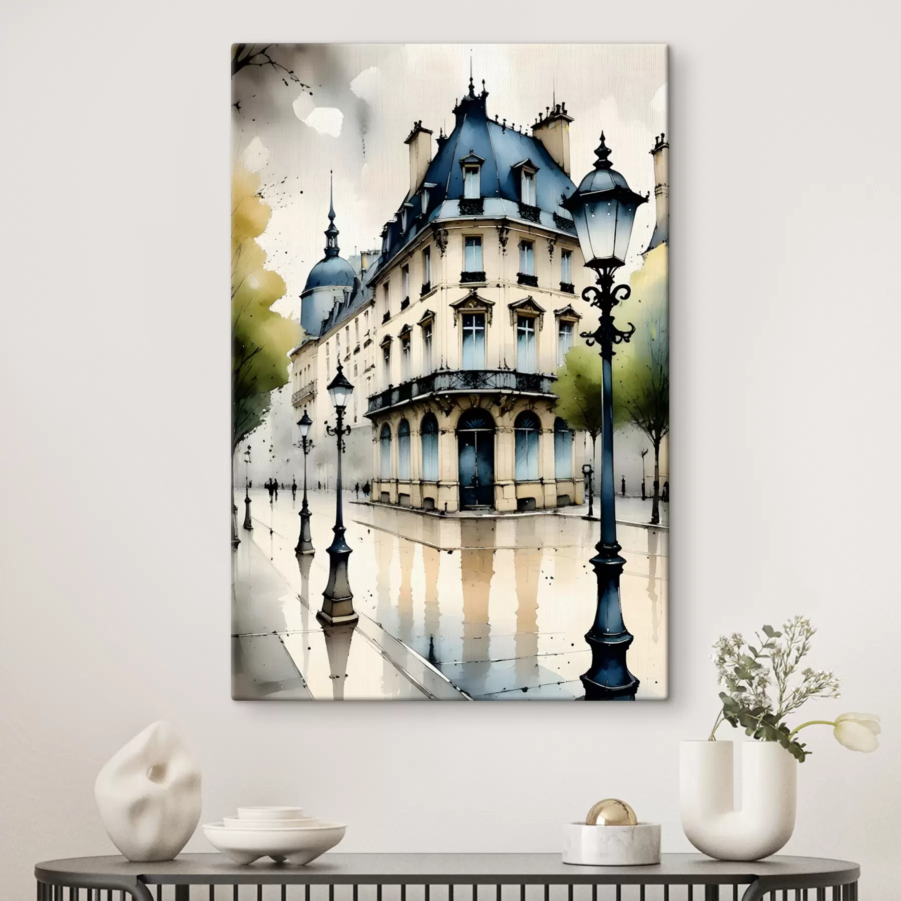 Papier peint Peinture à l'aquarelle d'un bâtiment historique avec une façade incurvée et des éléments architecturaux décoratifs s38975