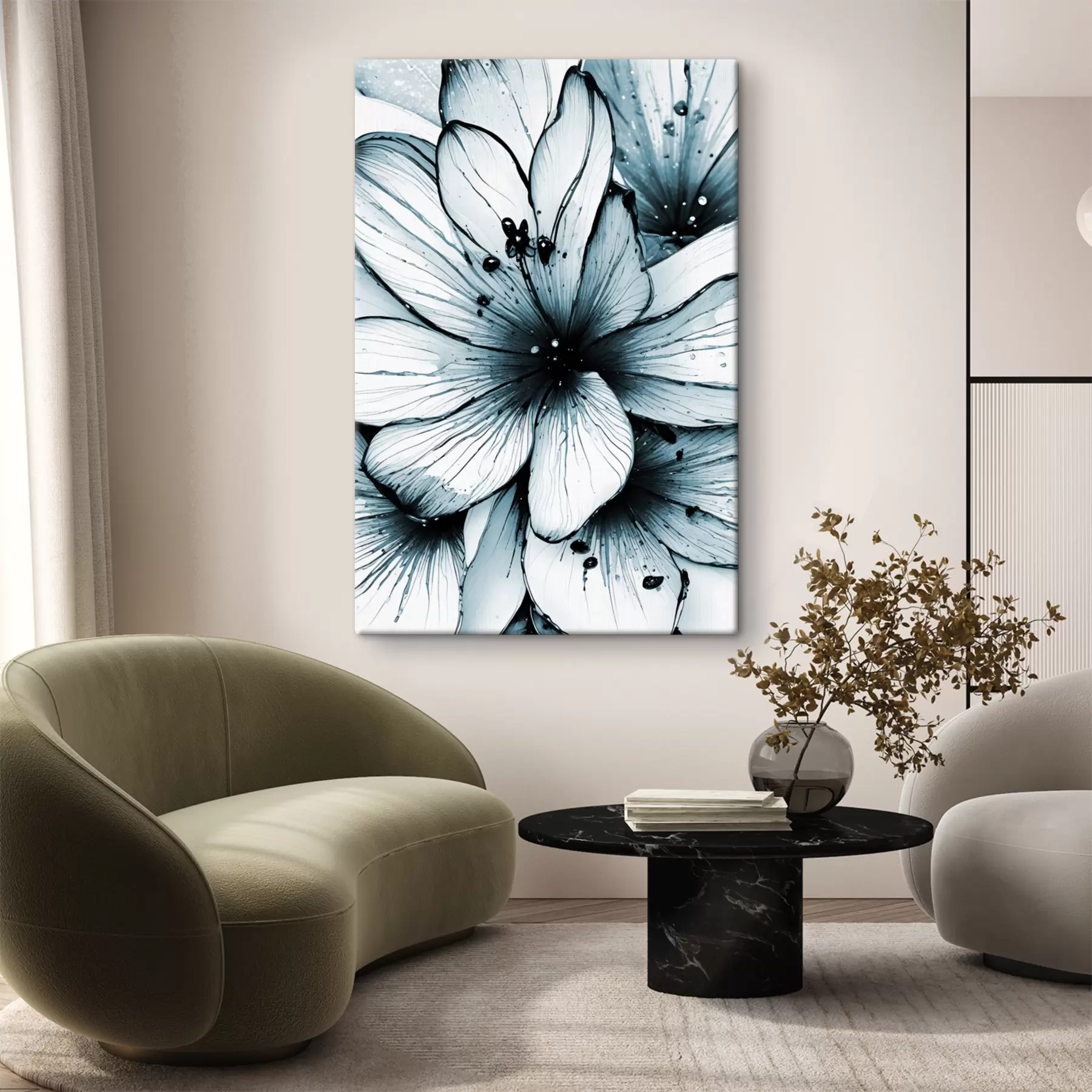 Papier peint Un gros plan de grandes fleurs blanches et bleues aux pétales délicats et au centre sombre s38980