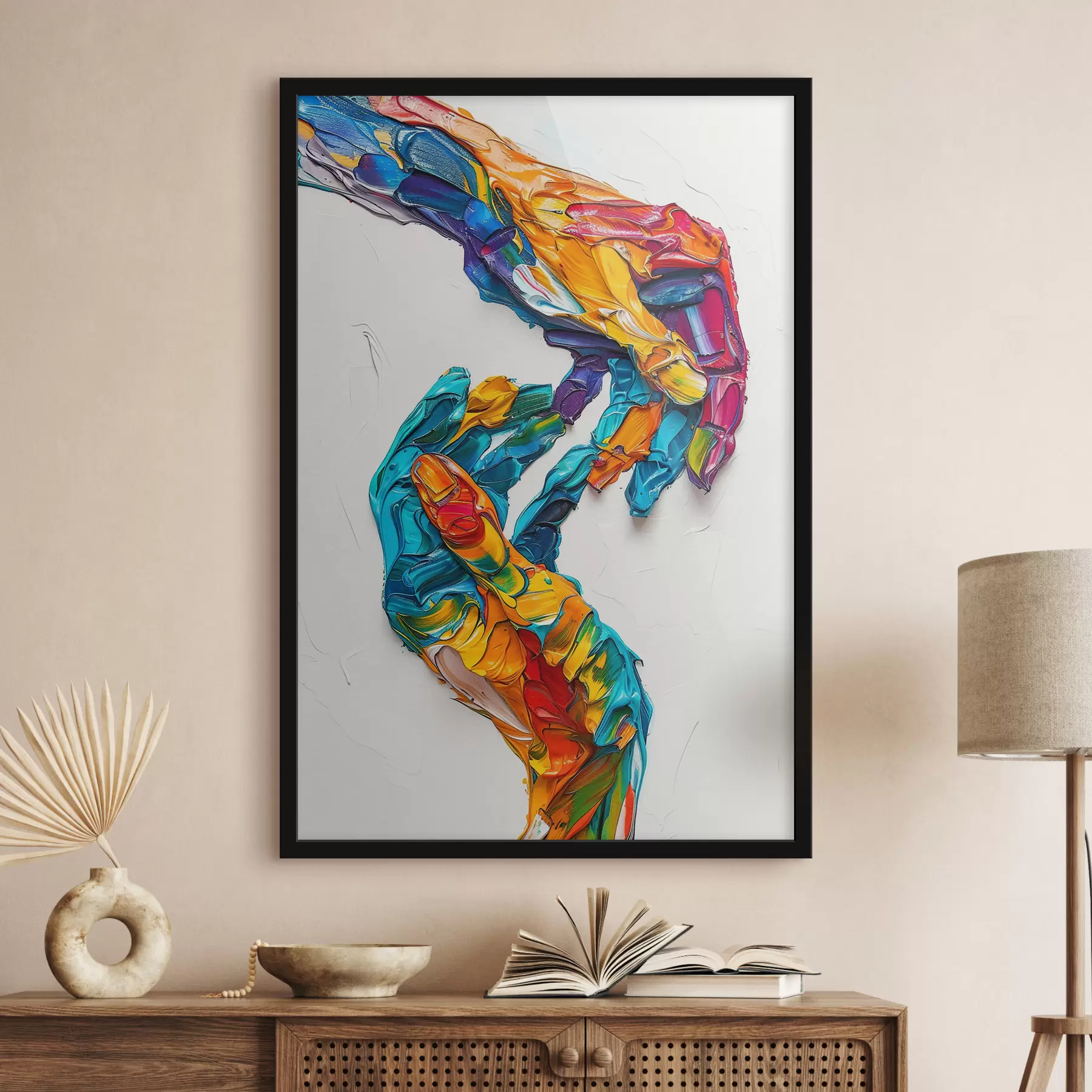 Papier peint Mains de peinture à l'huile d'empâtement abstraites colorées avec des coups de pinceau vibrants de peinture bleue, orange, jaune et rouge f38955