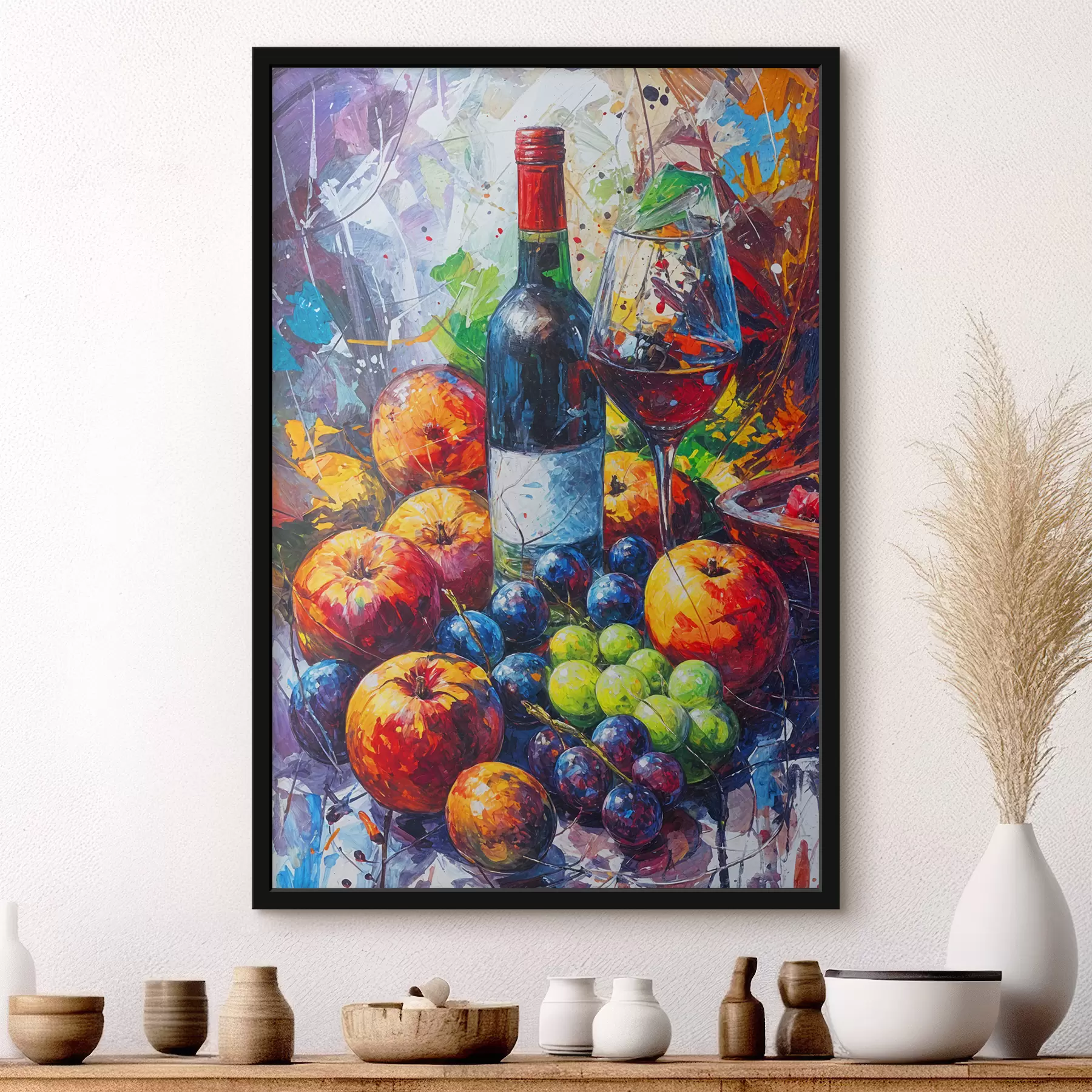 Tableau Peinture abstraite de nature morte représentant une bouteille de vin, un verre de vin et des fruits colorés avec des touches de différentes couleurs f38958