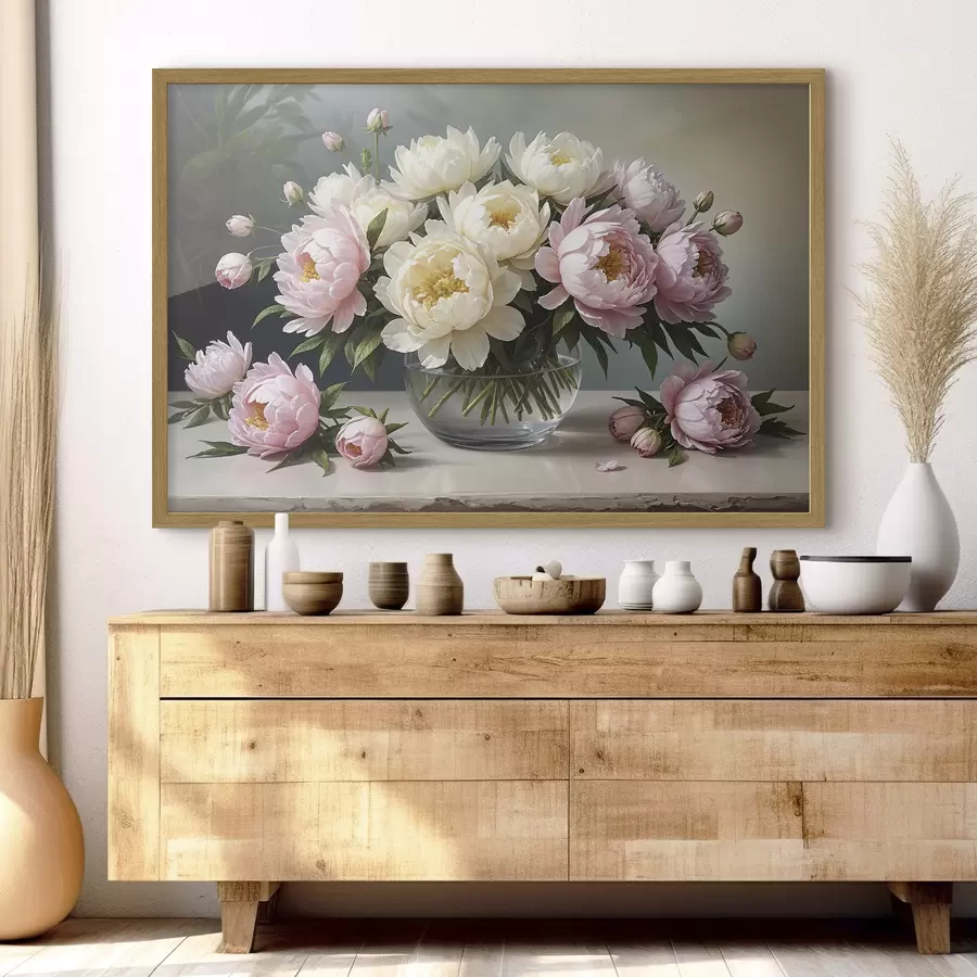 Papier peint Peinture d'un bouquet de belles pivoines blanches et roses dans un vase en verre sur une table en bois f38967