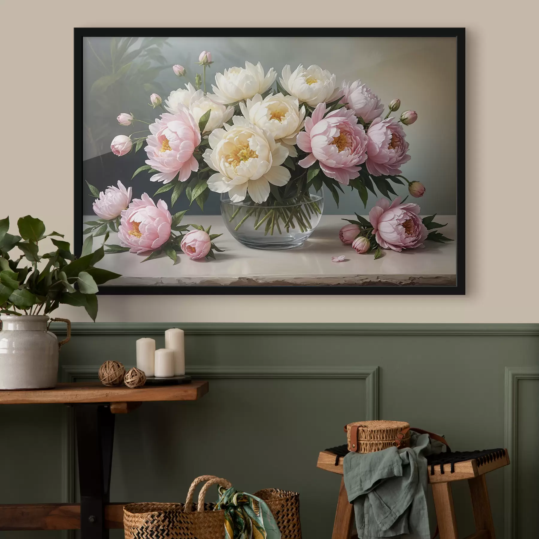 Papier peint Peinture d'un bouquet de belles pivoines blanches et roses dans un vase en verre sur une table en bois f38967