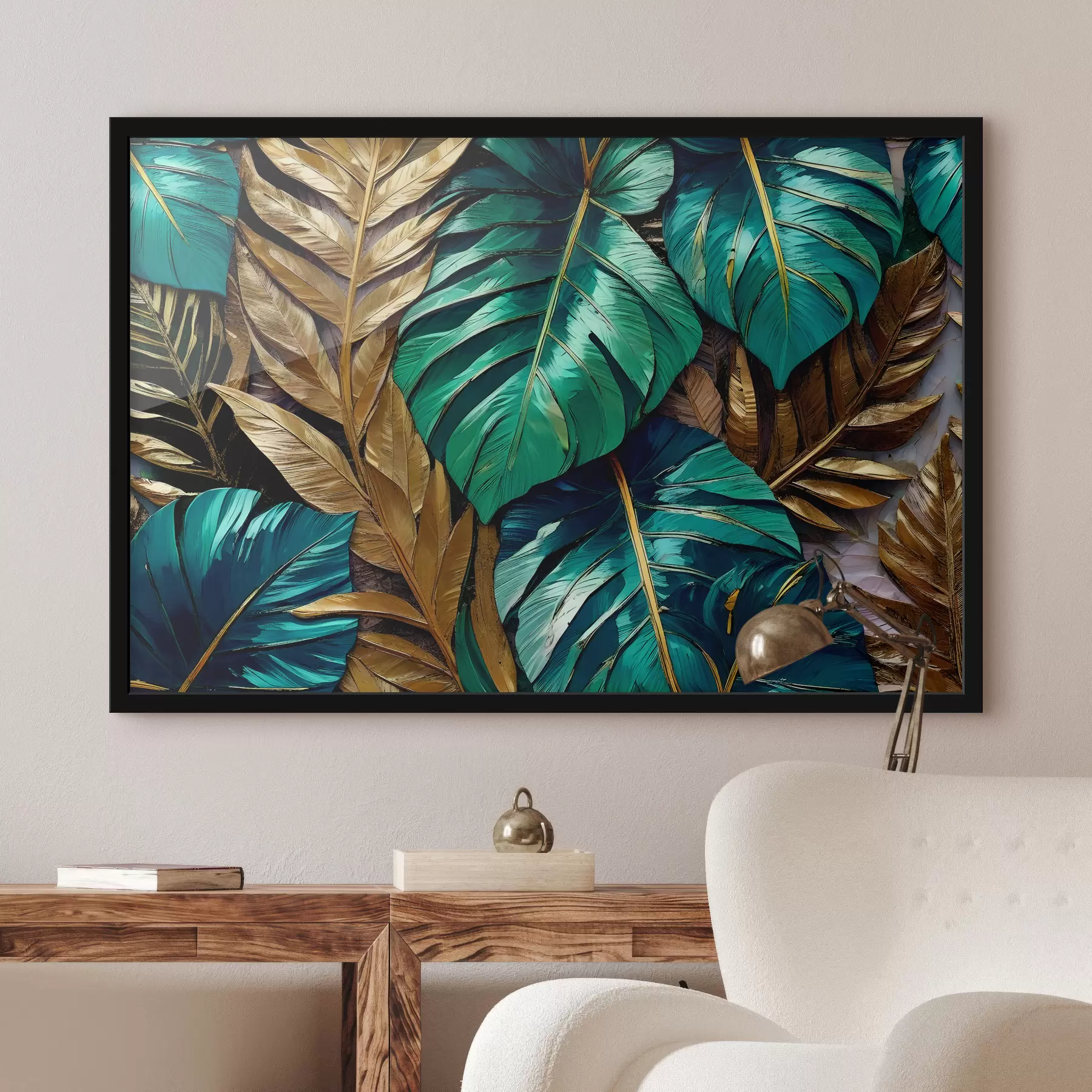 Papier peint Peinture acrylique représentant des feuilles tropicales vibrantes dans des tons de vert et de sarcelle f38968